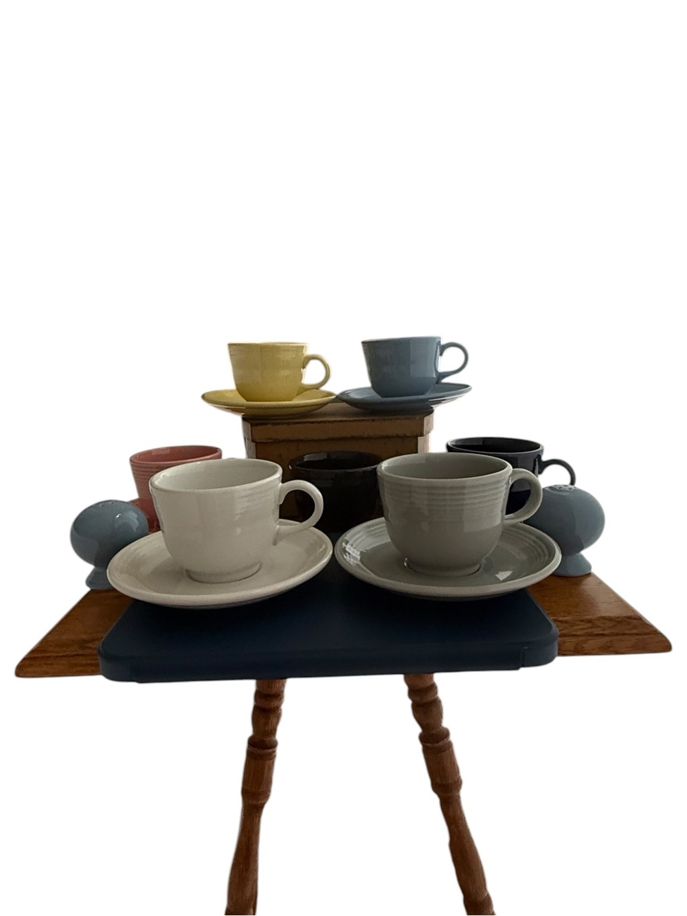 Fiesta by Homer Laughlin cups, saucers, & salt & pepper shakers.